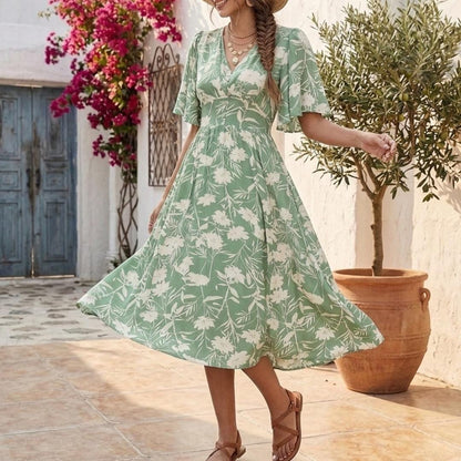 Green Floral Midi Dress | Boho V-Neck Summer Sundress | Flutter Sleeve Flowy Gown | Cottagecore Vacation Outfit | French Chic Garden Dress