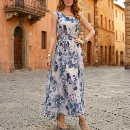 Blue Watercolor Floral Maxi Dress | Sleeveless European Summer Sundress | Tie Waist Flowy Gown | Mediterranean Vacation Outfit | Resort Wear