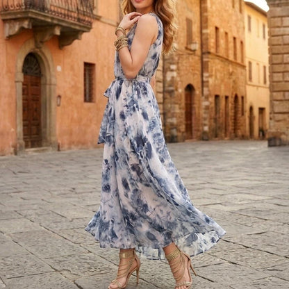 Blue Watercolor Floral Maxi Dress | Sleeveless European Summer Sundress | Tie Waist Flowy Gown | Mediterranean Vacation Outfit | Resort Wear
