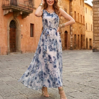 Blue Watercolor Floral Maxi Dress | Sleeveless European Summer Sundress | Tie Waist Flowy Gown | Mediterranean Vacation Outfit | Resort Wear