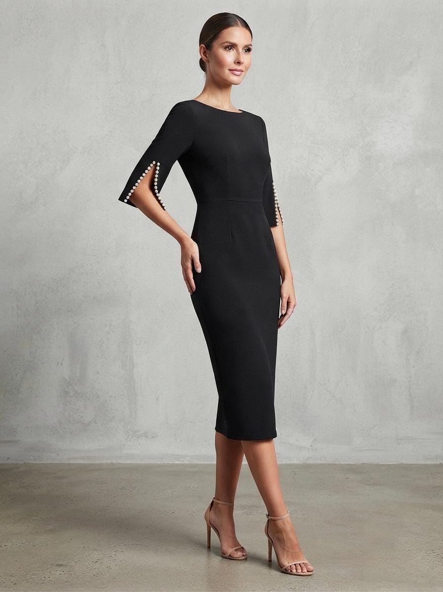 White Midi Dress, Slit Sleeve Cocktail, Formal Evening, Chic Office Occasion Wear