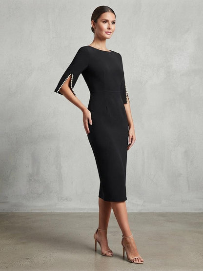 White Midi Dress, Slit Sleeve Cocktail, Formal Evening, Chic Office Occasion Wear