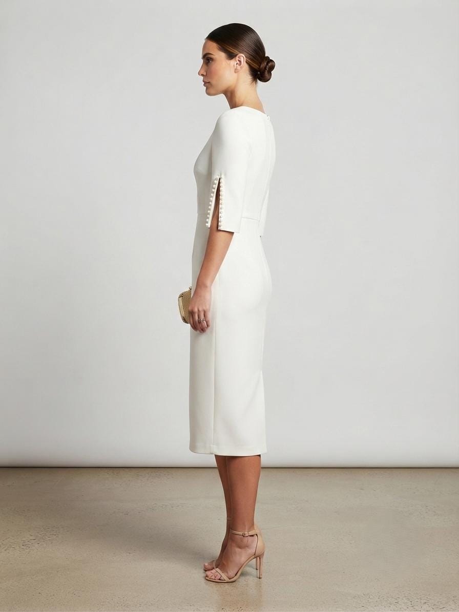 White Midi Dress, Slit Sleeve Cocktail, Formal Evening, Chic Office Occasion Wear