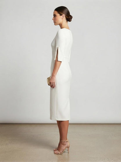 White Midi Dress, Slit Sleeve Cocktail, Formal Evening, Chic Office Occasion Wear