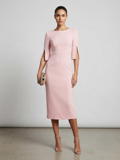White Midi Dress, Slit Sleeve Cocktail, Formal Evening, Chic Office Occasion Wear