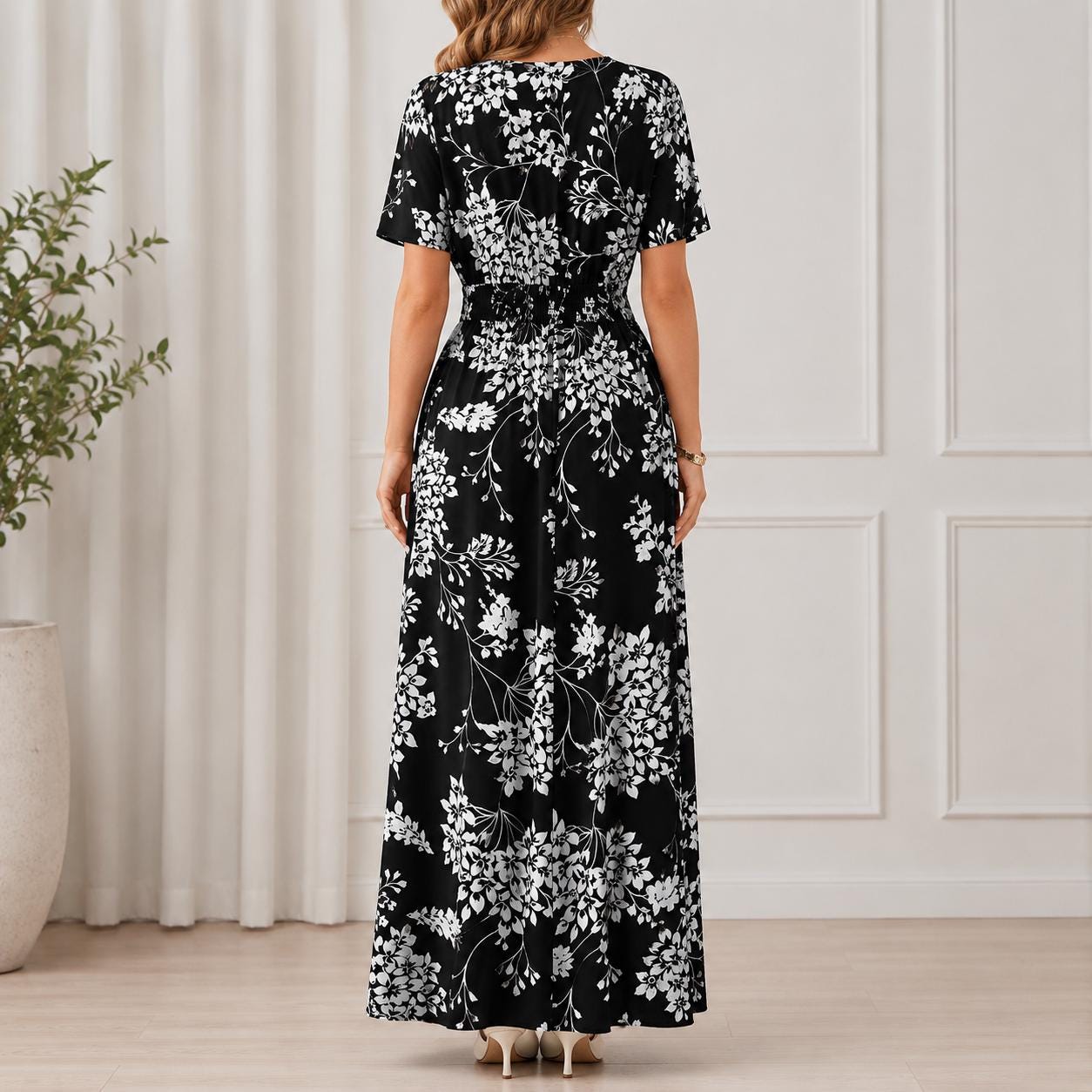 Women's Boho Floral Wrap Maxi Dress, Summer Beach Dress, V Neck A-Line Maxi, Flowy Vacation Dress, Side Slit Floral Dress