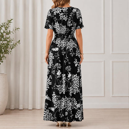Women's Boho Floral Wrap Maxi Dress, Summer Beach Dress, V Neck A-Line Maxi, Flowy Vacation Dress, Side Slit Floral Dress