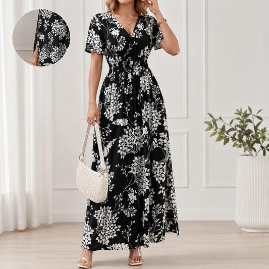 Women's Boho Floral Wrap Maxi Dress, Summer Beach Dress, V Neck A-Line Maxi, Flowy Vacation Dress, Side Slit Floral Dress