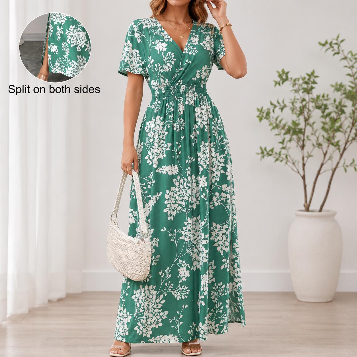 Women's Boho Floral Wrap Maxi Dress, Summer Beach Dress, V Neck A-Line Maxi, Flowy Vacation Dress, Side Slit Floral Dress