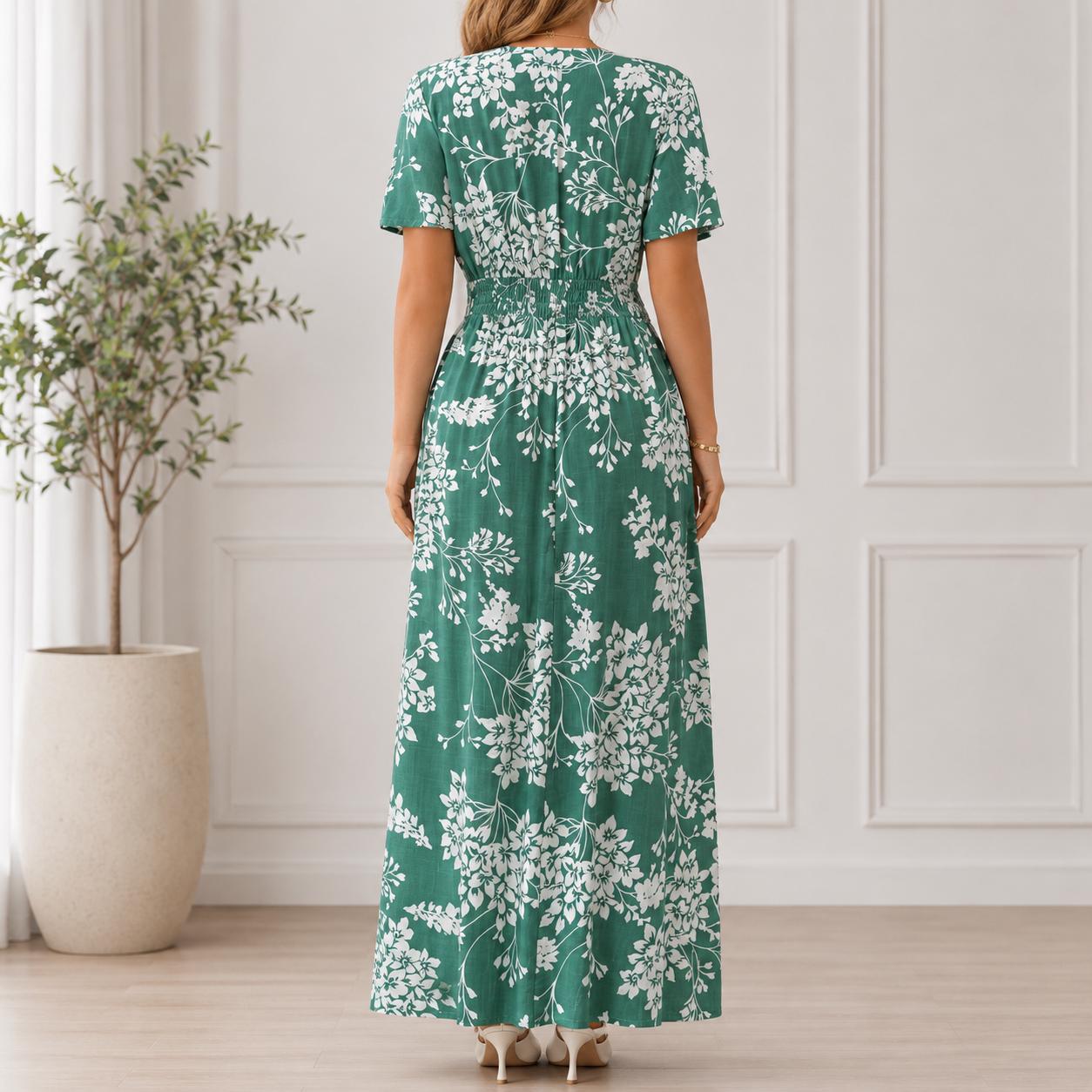 Women's Boho Floral Wrap Maxi Dress, Summer Beach Dress, V Neck A-Line Maxi, Flowy Vacation Dress, Side Slit Floral Dress