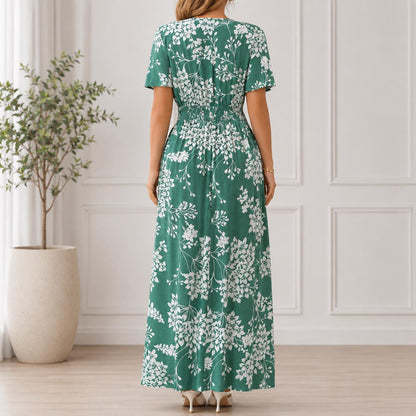 Women's Boho Floral Wrap Maxi Dress, Summer Beach Dress, V Neck A-Line Maxi, Flowy Vacation Dress, Side Slit Floral Dress