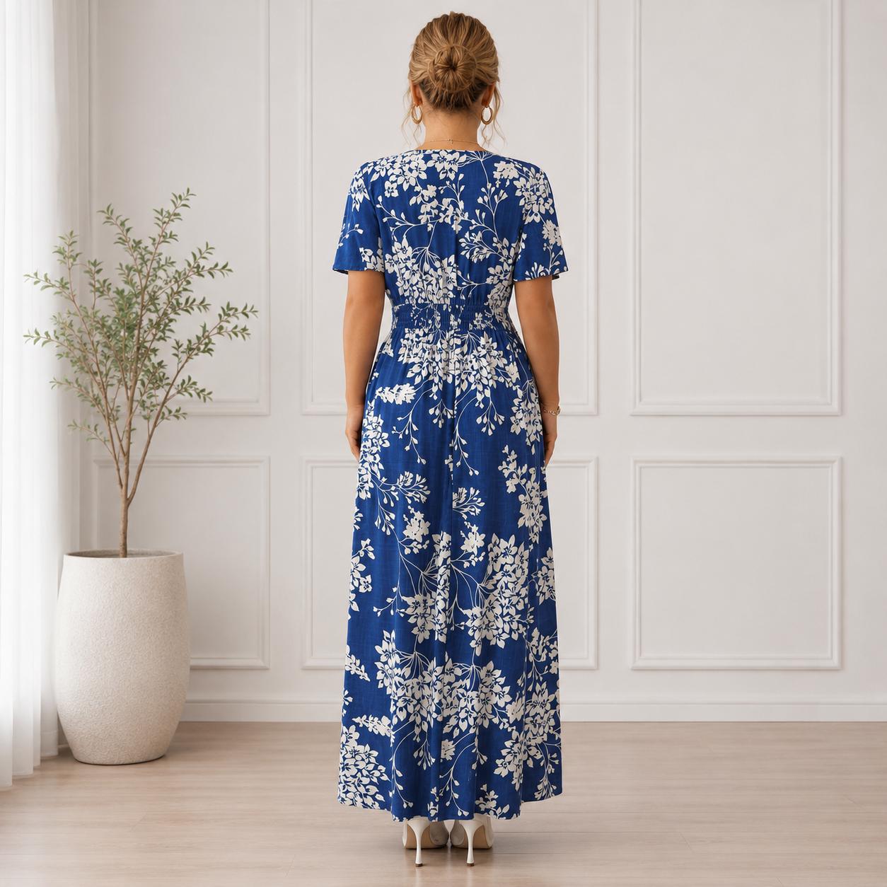 Women's Boho Floral Wrap Maxi Dress, Summer Beach Dress, V Neck A-Line Maxi, Flowy Vacation Dress, Side Slit Floral Dress