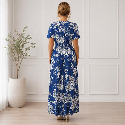 Women's Boho Floral Wrap Maxi Dress, Summer Beach Dress, V Neck A-Line Maxi, Flowy Vacation Dress, Side Slit Floral Dress