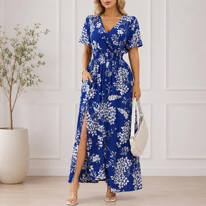 Women's Boho Floral Wrap Maxi Dress, Summer Beach Dress, V Neck A-Line Maxi, Flowy Vacation Dress, Side Slit Floral Dress
