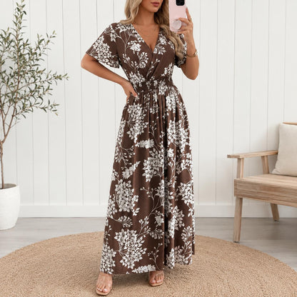 Women's Boho Floral Wrap Maxi Dress, Summer Beach Dress, V Neck A-Line Maxi, Flowy Vacation Dress, Side Slit Floral Dress