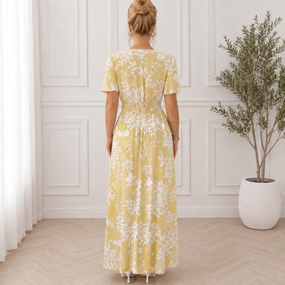 Women's Boho Floral Wrap Maxi Dress, Summer Beach Dress, V Neck A-Line Maxi, Flowy Vacation Dress, Side Slit Floral Dress
