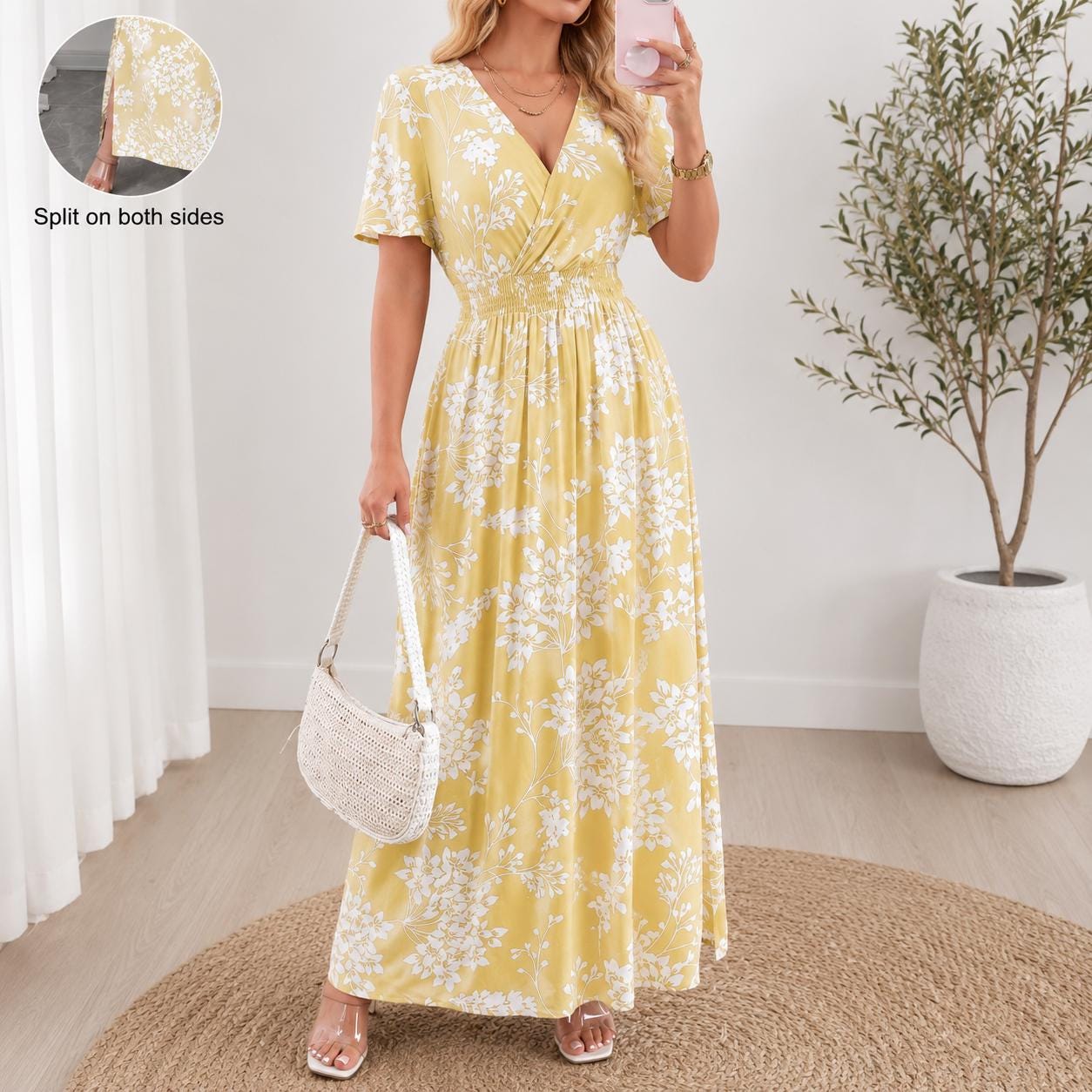 Women's Boho Floral Wrap Maxi Dress, Summer Beach Dress, V Neck A-Line Maxi, Flowy Vacation Dress, Side Slit Floral Dress