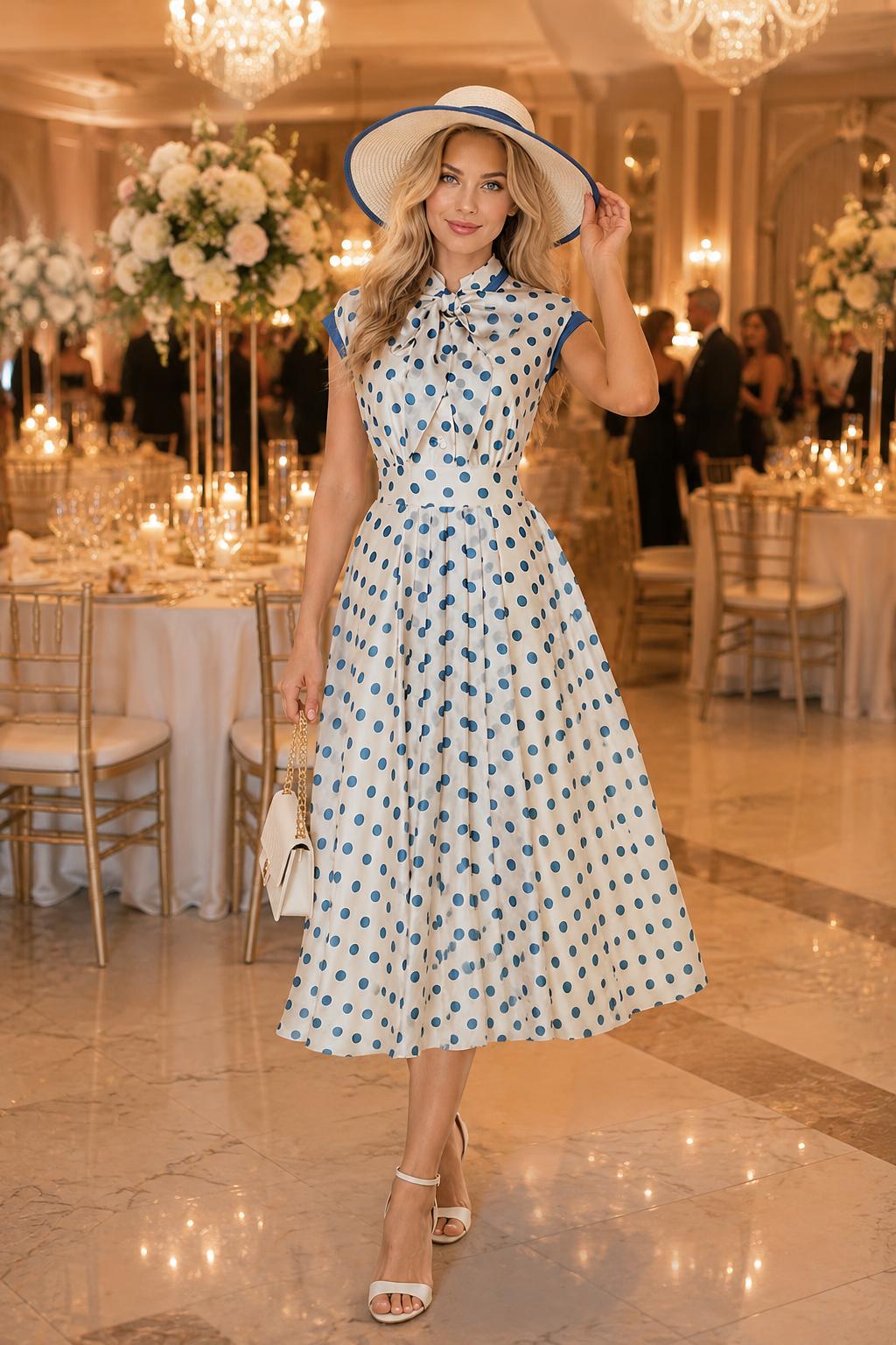 Polka Dot Vintage Dress Elegant Knee Length A Line Summer Office Work Wear Women
