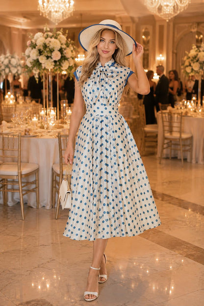 Polka Dot Vintage Dress Elegant Knee Length A Line Summer Office Work Wear Women