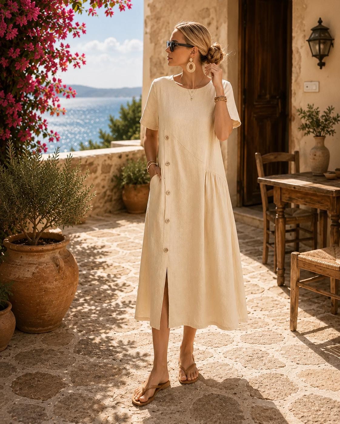 Women's 100% Cotton Button Front Midi Dress Casual Everyday Wear