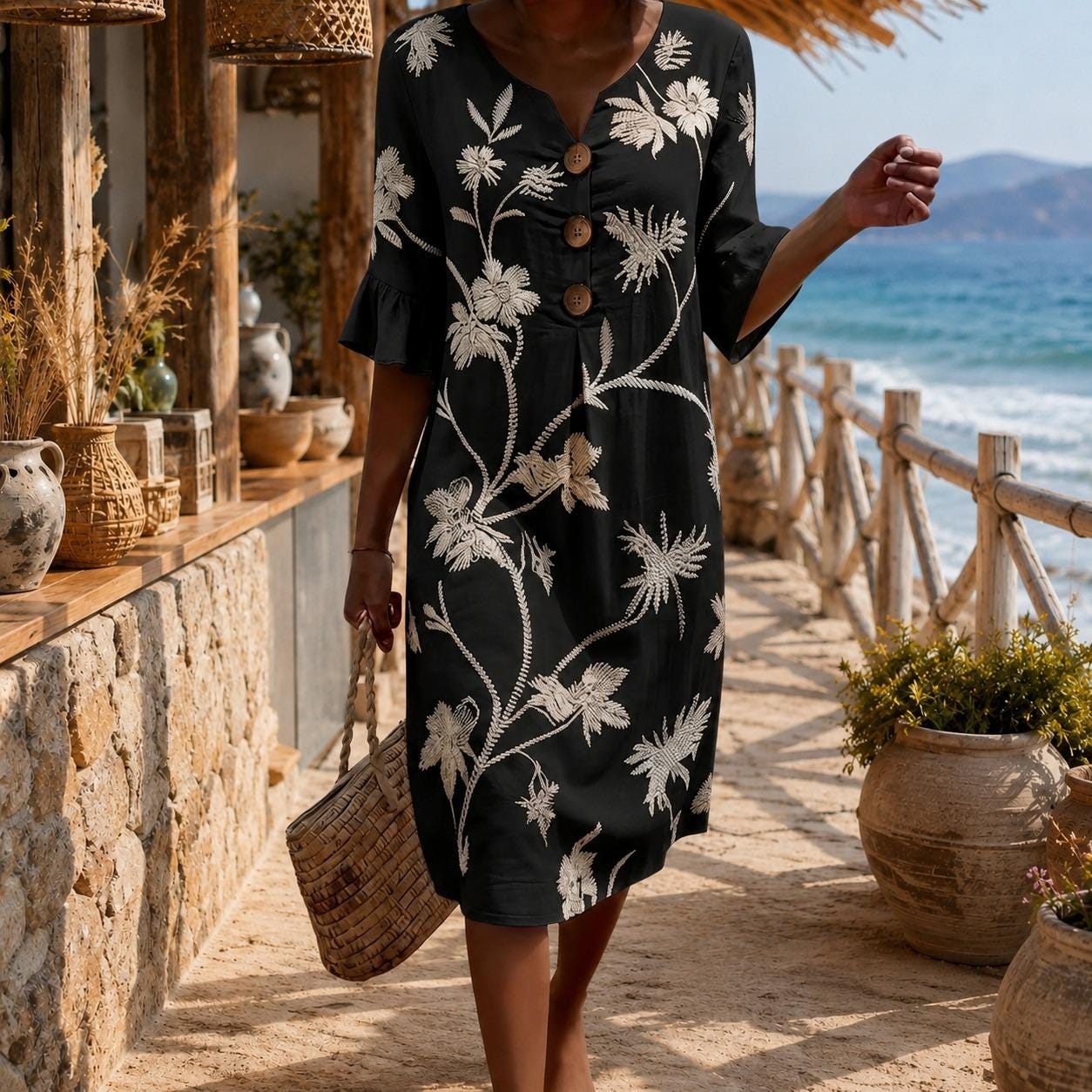 Boho Floral Embroidered Midi Dress for Women, V Neck Loose Fit Button Front Summer Dress,