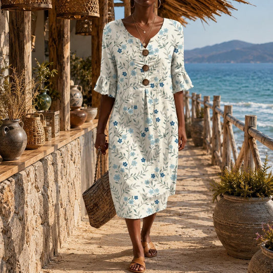 Boho Floral Embroidered Midi Dress for Women, V Neck Loose Fit Button Front Summer Dress,