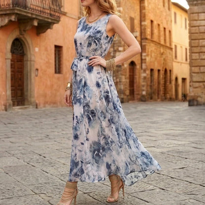 Blue Watercolor Floral Maxi Dress | Sleeveless European Summer Sundress | Tie Waist Flowy Gown | Mediterranean Vacation Outfit | Resort Wear