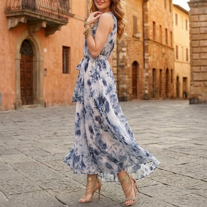 Blue Watercolor Floral Maxi Dress | Sleeveless European Summer Sundress | Tie Waist Flowy Gown | Mediterranean Vacation Outfit | Resort Wear