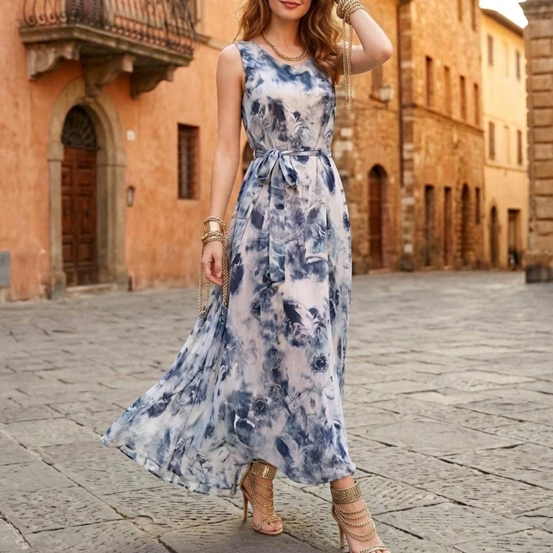 Blue Watercolor Floral Maxi Dress | Sleeveless European Summer Sundress | Tie Waist Flowy Gown | Mediterranean Vacation Outfit | Resort Wear