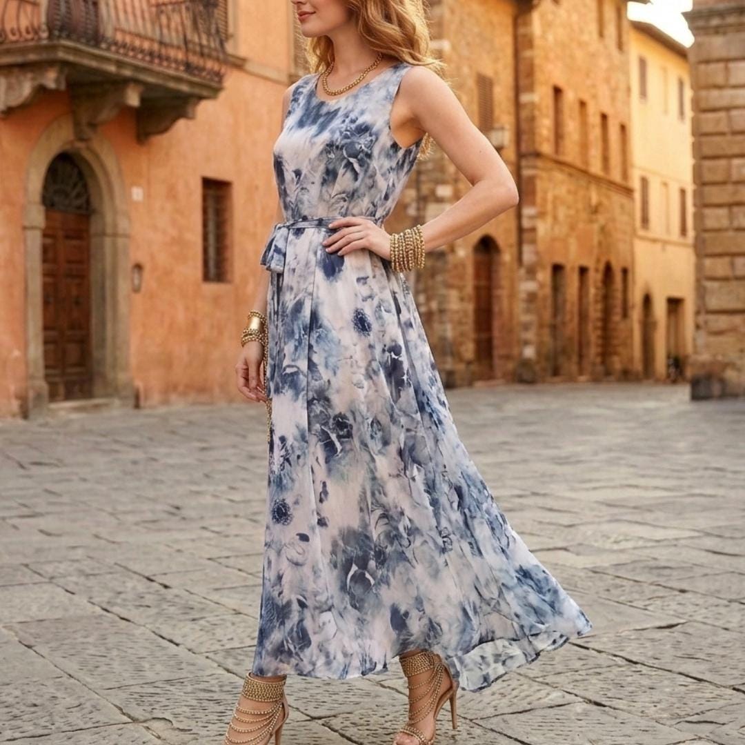 Blue Watercolor Floral Maxi Dress | Sleeveless European Summer Sundress | Tie Waist Flowy Gown | Mediterranean Vacation Outfit | Resort Wear