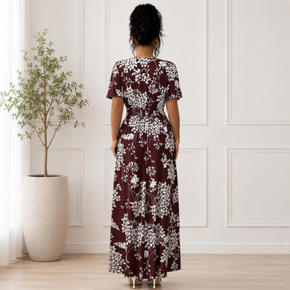 Women's Boho Floral Wrap Maxi Dress, Summer Beach Dress, V Neck A-Line Maxi, Flowy Vacation Dress, Side Slit Floral Dress