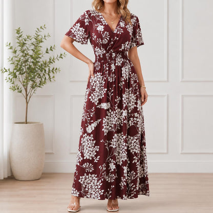 Women's Boho Floral Wrap Maxi Dress, Summer Beach Dress, V Neck A-Line Maxi, Flowy Vacation Dress, Side Slit Floral Dress