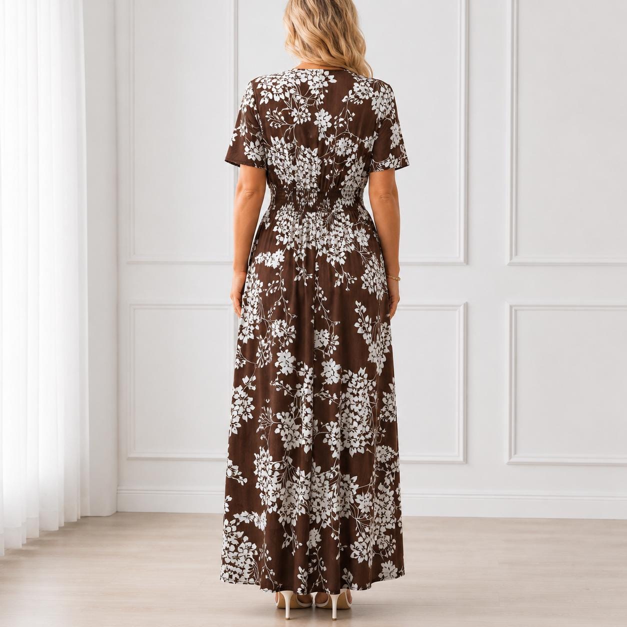 Women's Boho Floral Wrap Maxi Dress, Summer Beach Dress, V Neck A-Line Maxi, Flowy Vacation Dress, Side Slit Floral Dress