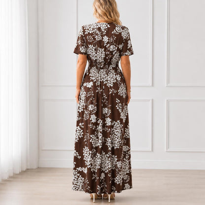 Women's Boho Floral Wrap Maxi Dress, Summer Beach Dress, V Neck A-Line Maxi, Flowy Vacation Dress, Side Slit Floral Dress