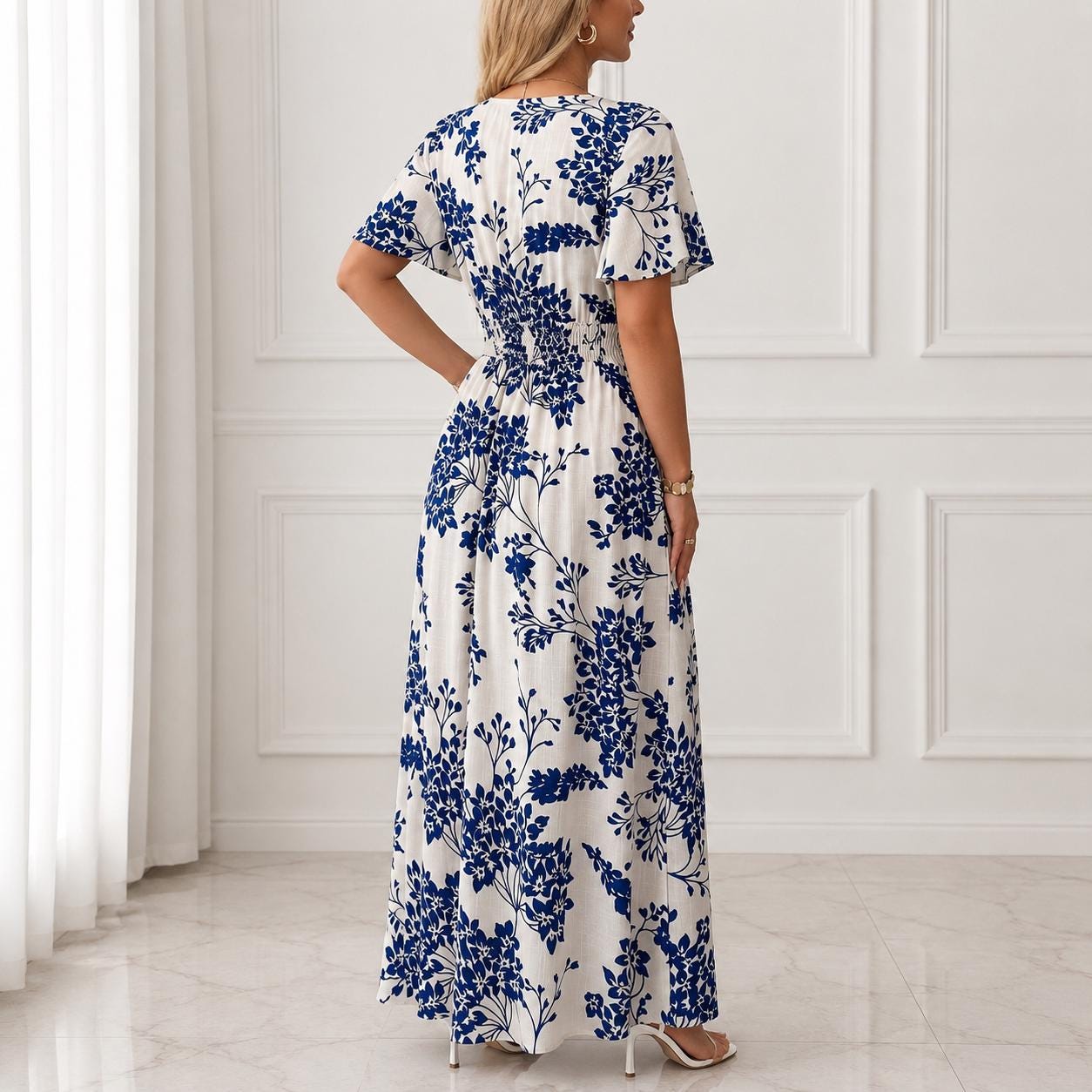 Women's Boho Floral Wrap Maxi Dress, Summer Beach Dress, V Neck A-Line Maxi, Flowy Vacation Dress, Side Slit Floral Dress