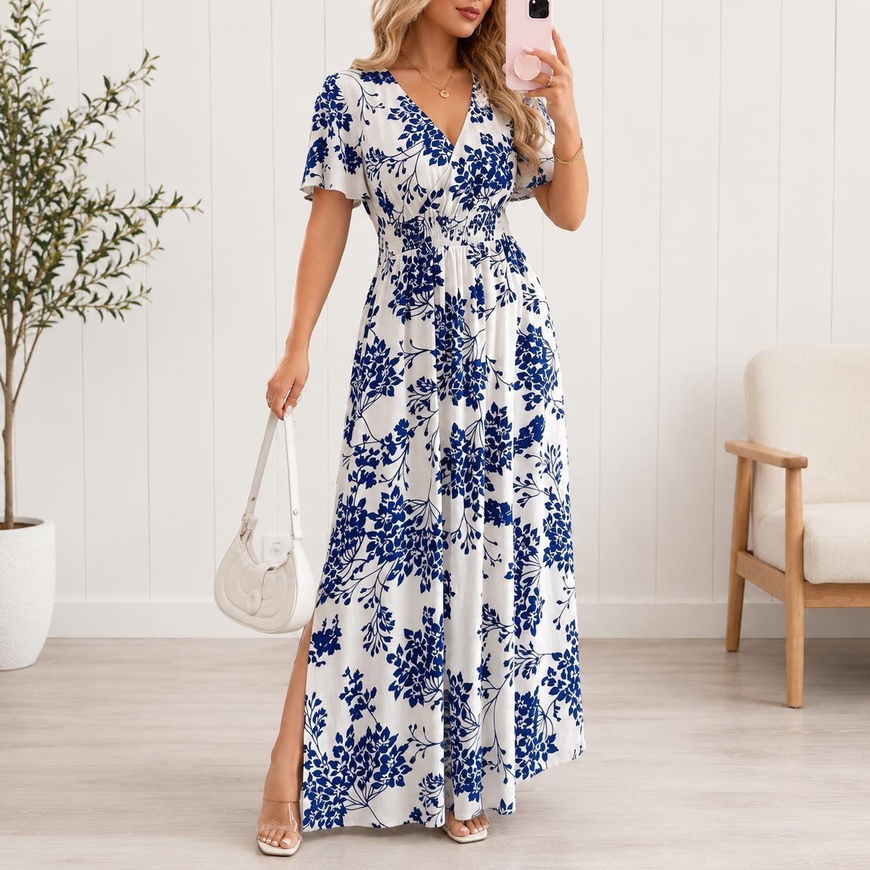 Women's Boho Floral Wrap Maxi Dress, Summer Beach Dress, V Neck A-Line Maxi, Flowy Vacation Dress, Side Slit Floral Dress